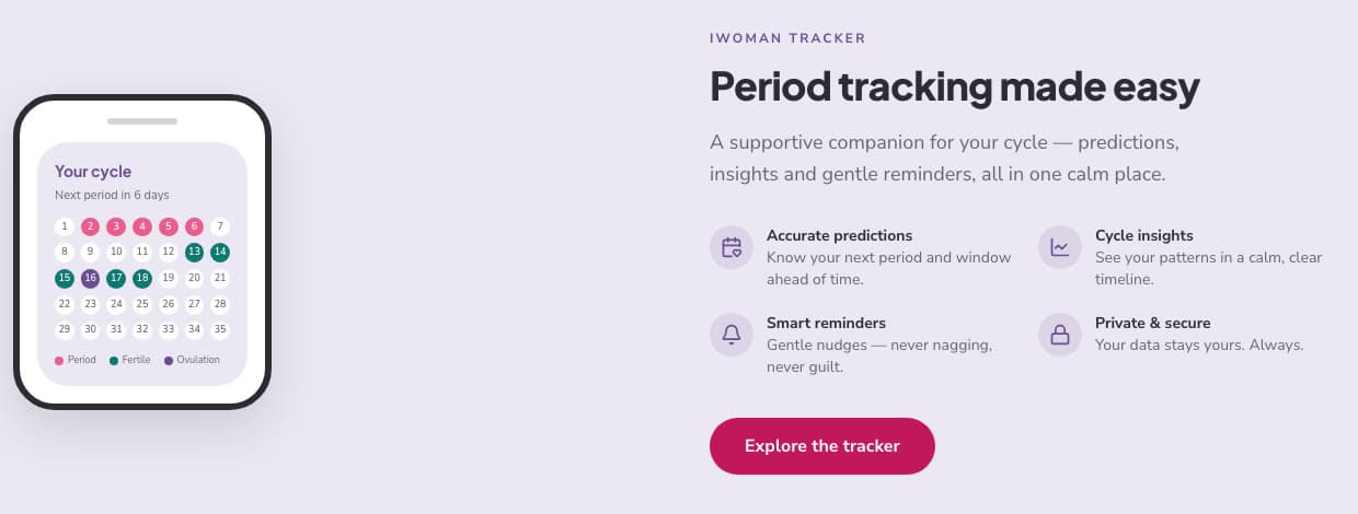 iWoman cycle tracker — calendar widget and privacy-first feature grid