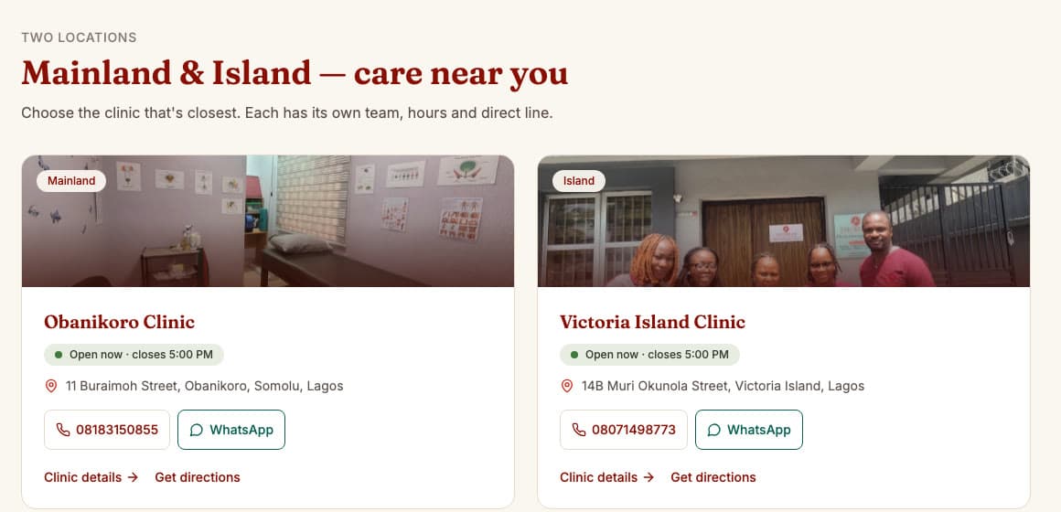 Tafo Rehab clinic locations — Mainland and Island cards