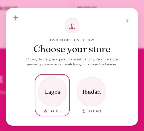 Melanin Skin City store picker — two cities, one glow